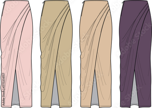 Fashion design concept elegant high-waisted draped midi skirts with a stylish front slit, in various color technical sketches for women's apparel
