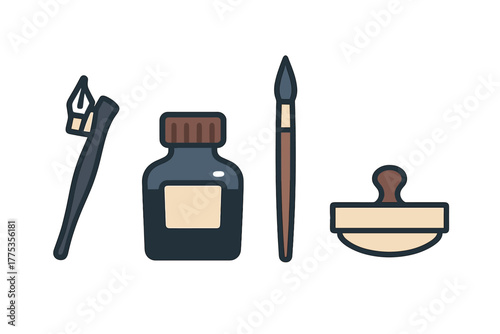 Traditional calligraphy and writing tools set with ink bottle dip pen and brush