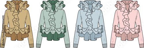 Fashion design technical flat sketch set of a women's long sleeve blouse with a high collar and tiered ruffles, shown in multiple color options