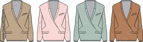 Stylish women's double-breasted blazer flat technical sketch in multiple contemporary color variations, ideal for fashion design and apparel concept development