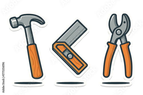 Essential construction and carpentry tools set including hammer, square, and pliers