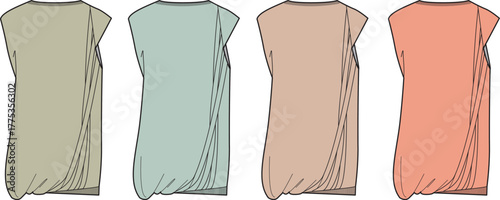 Collection of women's sleeveless top fashion flat sketches. Vector template of a draped blouse with a gathered asymmetric hem in multiple color options