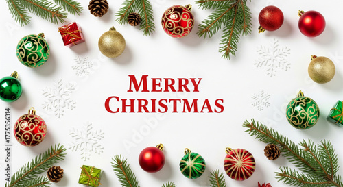 Festive Christmas border with decorative fir branches, colorful baubles, and sparkling gift boxes on a clean white background, creating a joyful holiday atmosphere