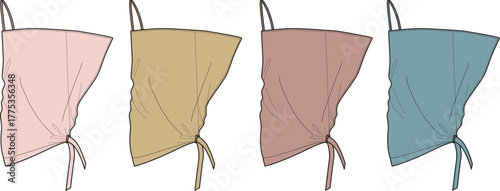 Fashion illustration of four women's camisole tops with thin straps and tie details in various soft colors