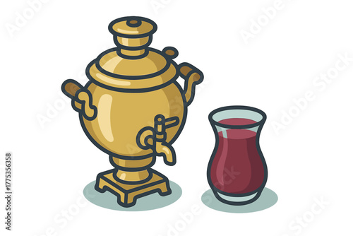 Golden Russian samovar and a traditional glass of hot black tea ready for serving