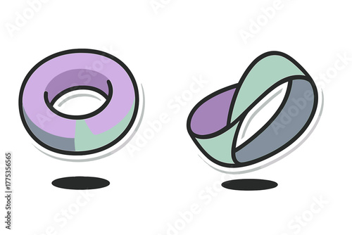 Geometric shapes set featuring a classic torus and an abstract Mobius strip in pastel colors