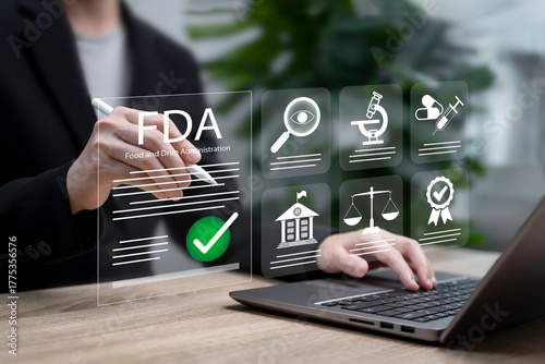 Global health safety regulation Concept, Businesswoman reviewing and approving FDA standard documents for medical and food, Compliance, laboratory inspection, certification, and international approval