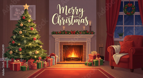 Cozy Christmas living room scene with decorated tree, fireplace, and gifts.