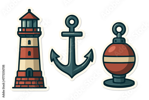 Traditional nautical marine symbols including lighthouse, ship anchor, and sea buoy
