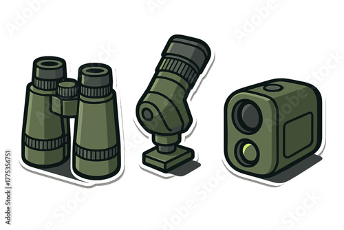 Set of optical equipment including binoculars, spotting scope, and laser rangefinder for outdoor use