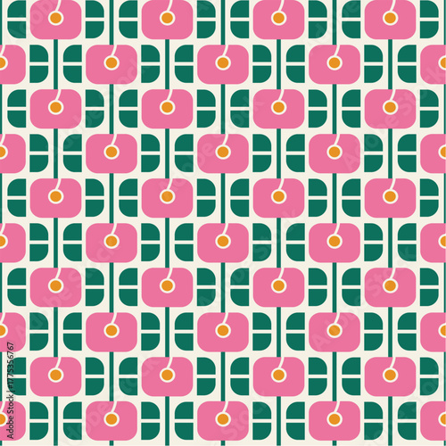 seamless repeating flower pattern featuring stylized, geometric flowers in pink. Perfect for fashion, textiles, kids' items, and digital backgrounds. Usage for Wall Art, Fashion, Minimal Packaging