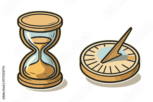 Retro style hourglass and sundial set symbolizing the passage of time
