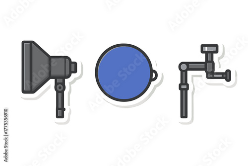 Professional studio lighting accessories set including reflector, light modifier, and adjustable mounting arm