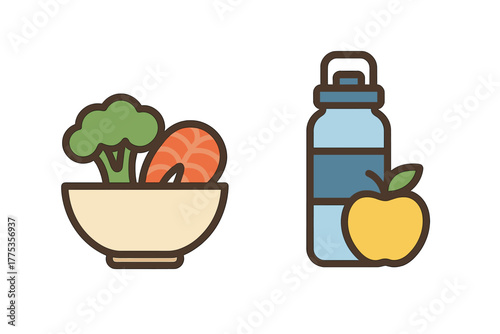 Healthy food composition showing a balanced diet meal with fish, green vegetable, fruit, and water