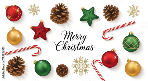 Christmas themed image with ornaments, pine cones, candy canes, and snowflakes arranged around the text "Merry Christmas".