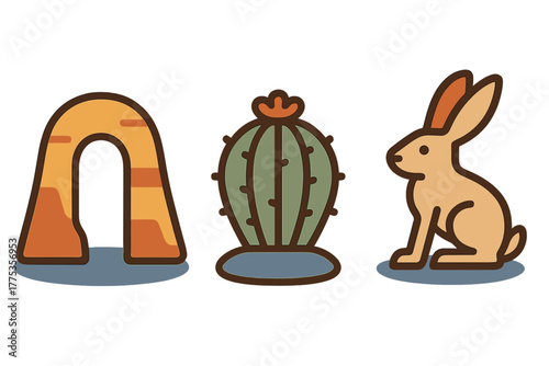 Stylized desert elements set featuring sandstone arch, barrel cactus, and sitting jackrabbit