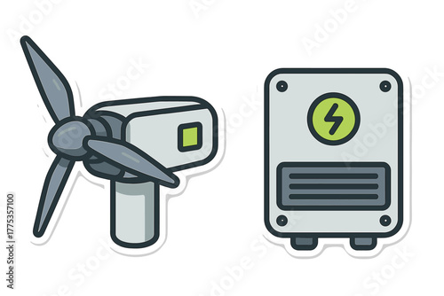 Wind turbine generator and electrical power supply box symbols for renewable energy