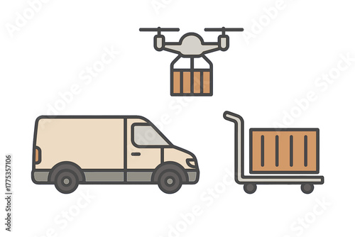Shipping and delivery methods featuring a cargo drone, commercial transport van, and moving dolly
