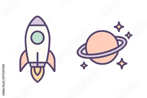 Simple icons of a space rocket ship launching and a ringed planet with sparkling stars