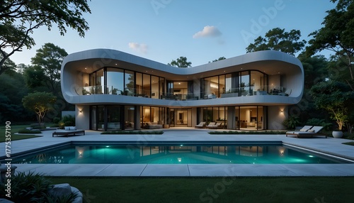 Wallpaper Mural Organic modern villa in silver-gray and emerald tones, soft evening lighting Torontodigital.ca