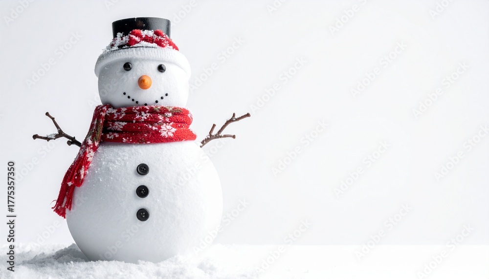 Obraz premium A cheerful snowman dressed for winter festivities, sporting a hat, scarf, and branch arms