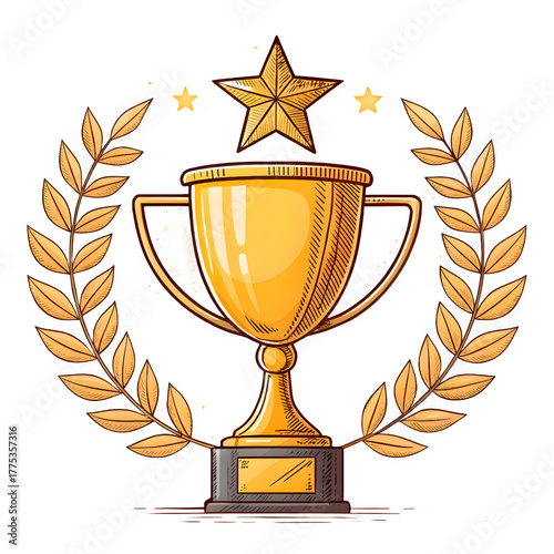 Golden trophy with laurel wreath and star symbolizing victory achievement and success isolated on transparent background