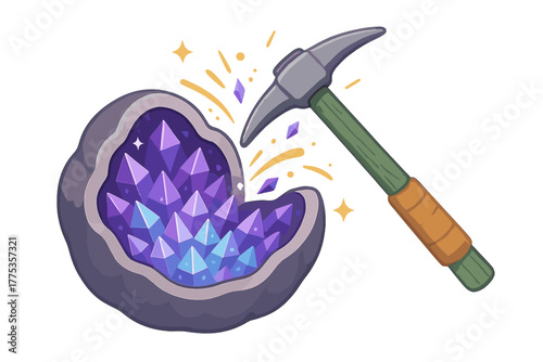 Mining a sparkling purple geode with a pickaxe revealing amethyst crystals