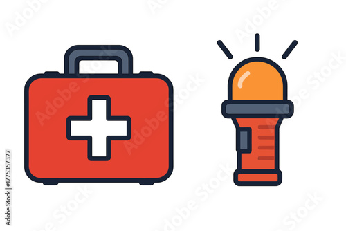 Essential emergency supplies including a medical kit and a bright safety light