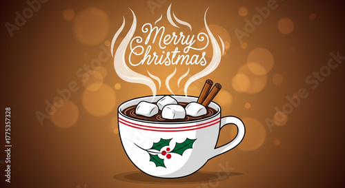 A steaming mug of hot chocolate with marshmallows and cinnamon sticks, with "Merry Christmas" text above.