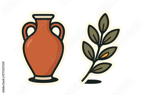 Ancient Greek terracotta amphora vase and olive branch isolated stickers