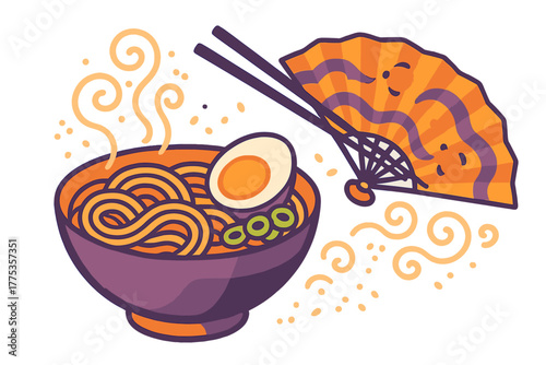 Delicious steaming ramen bowl with chopsticks and traditional Japanese folding fan