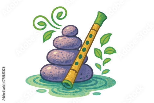Stylized wooden flute leaning on smooth purple spa rocks with flowing green foliage