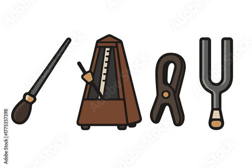 Set of classic music accessories and equipment like metronome, tuning fork, baton, and clip