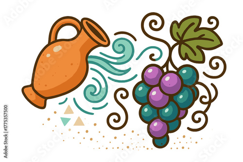Stylized ancient amphora pouring liquid next to vibrant grapes and vine leaves