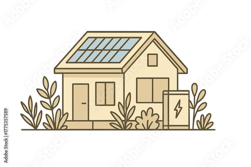 Eco-friendly house with rooftop solar panels and external energy storage battery surrounded by green plants