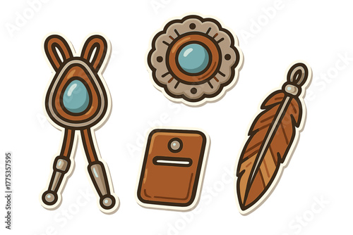 Western style accessories set including a bolo tie, decorative feather, and turquoise gemstone medallion