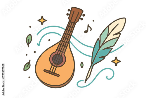 Stylized mandolin string instrument with decorative feather and flowing natural elements