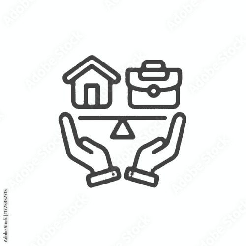 Work-life balance icon illustration featuring house and briefcase on scales held in hands