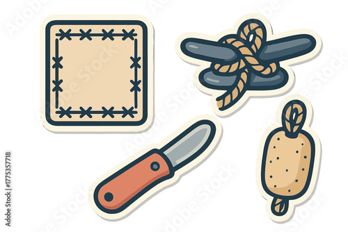 Set of nautical sailing equipment including cleat, rope knot, utility knife, and decorative patch