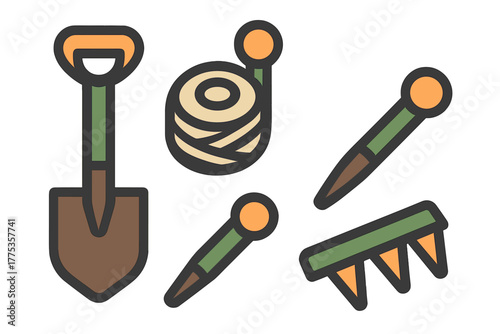 Essential equipment for planting and horticulture featuring a shovel, rake, and twine