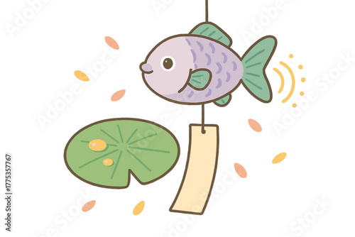 Bild auf Leinwand Charming Japanese Furin wind chime shaped like a purple fish hanging near a floa