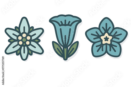 Stylized blue floral icons featuring Edelweiss, bellflower, and forget-me-not flowers