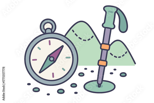 Essential hiking gear including a magnetic compass and trekking pole with mountains in the background