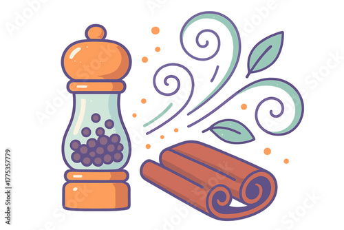 Composition of aromatic spices including pepper mill, peppercorns, and cinnamon sticks