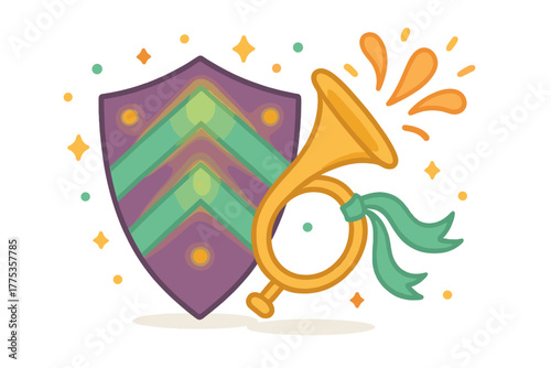 Decorative shield and golden bugle with ribbon celebrating achievement or carnival season
