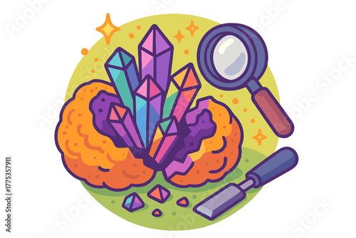 Vibrant gemstone cluster formation, magnifying glass, and chisel tool for geology research