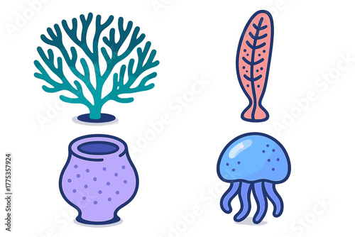 Colorful underwater organisms including branching coral, sea sponge, jellyfish, and marine plant life