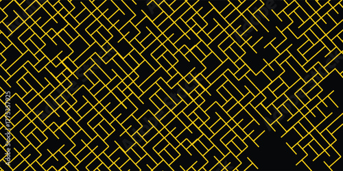 Abstract geometric background with yellow line maze on black