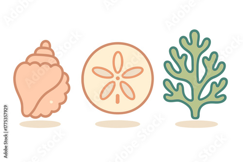 Pastel minimalist marine life elements including seashell, sand dollar, and sea plant