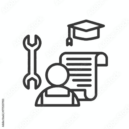 Vocational training and career development outline icon showing tools, education, and professional certification for skilled work and future careers